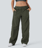 Low Rise Drawstring Ruffle Trim Dance Barrel Leg Pants with Pockets