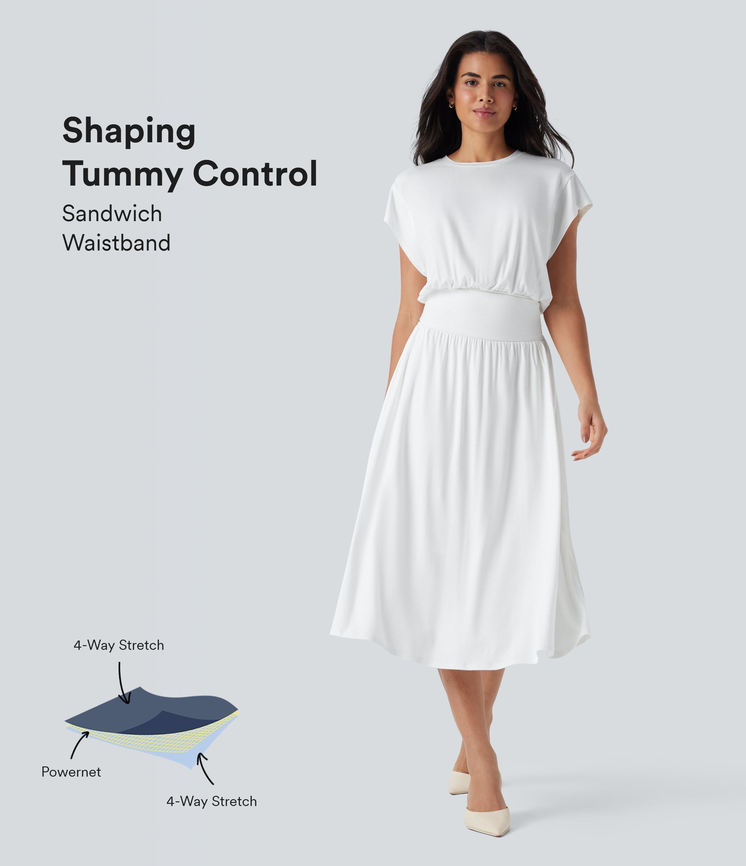 SoCinched Tummy Control Batwing Sleeve Flowy Midi Work Dress with Pockets
