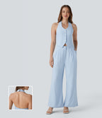 Halter Shirred Wide Leg Work Jumpsuit with Pockets