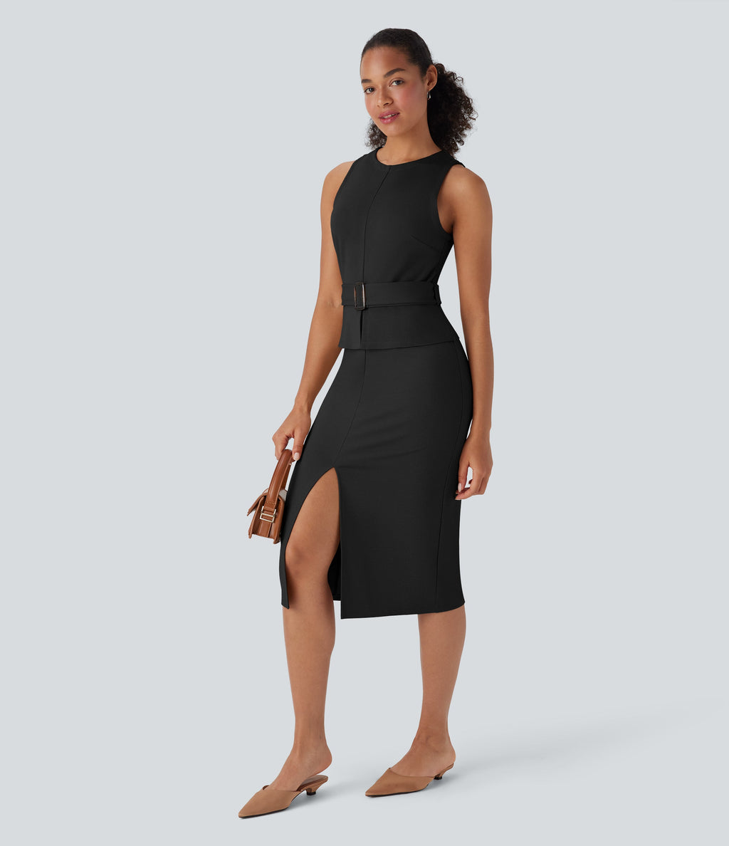 Sleeveless Keyhole-Back Belted Midi Work Dress