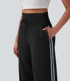 Ribbed SoCinched High Waisted Tummy Control Drawstring Wide Leg Color Block Casual Pants with Pockets