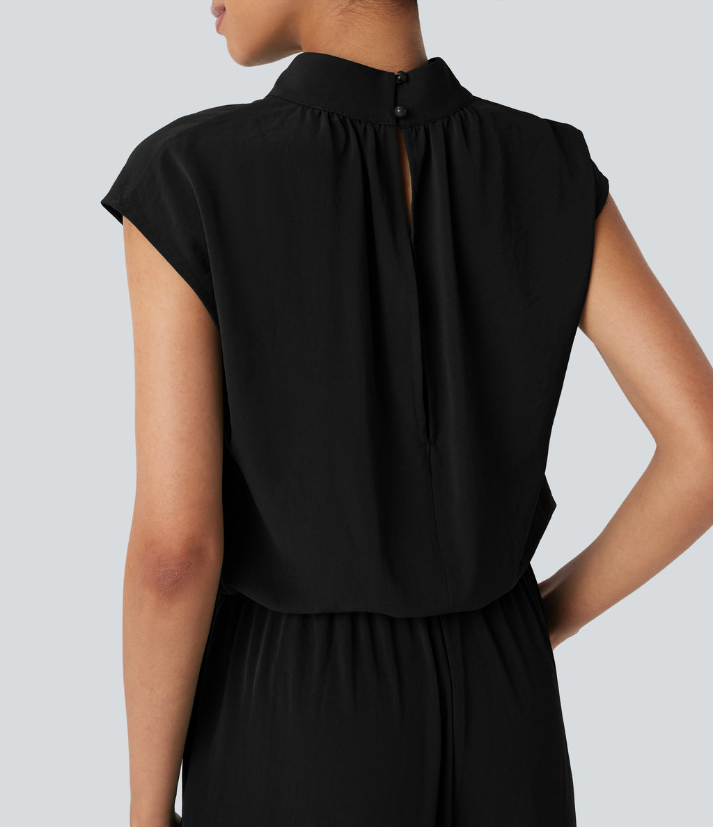 Mock Neck Keyhole Back Cap Sleeve Wide Leg Work Jumpsuit with Pockets