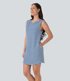 Boat Neck Sleeveless Curved Hem Mini Stripe Waffle Casual Dress with Pockets