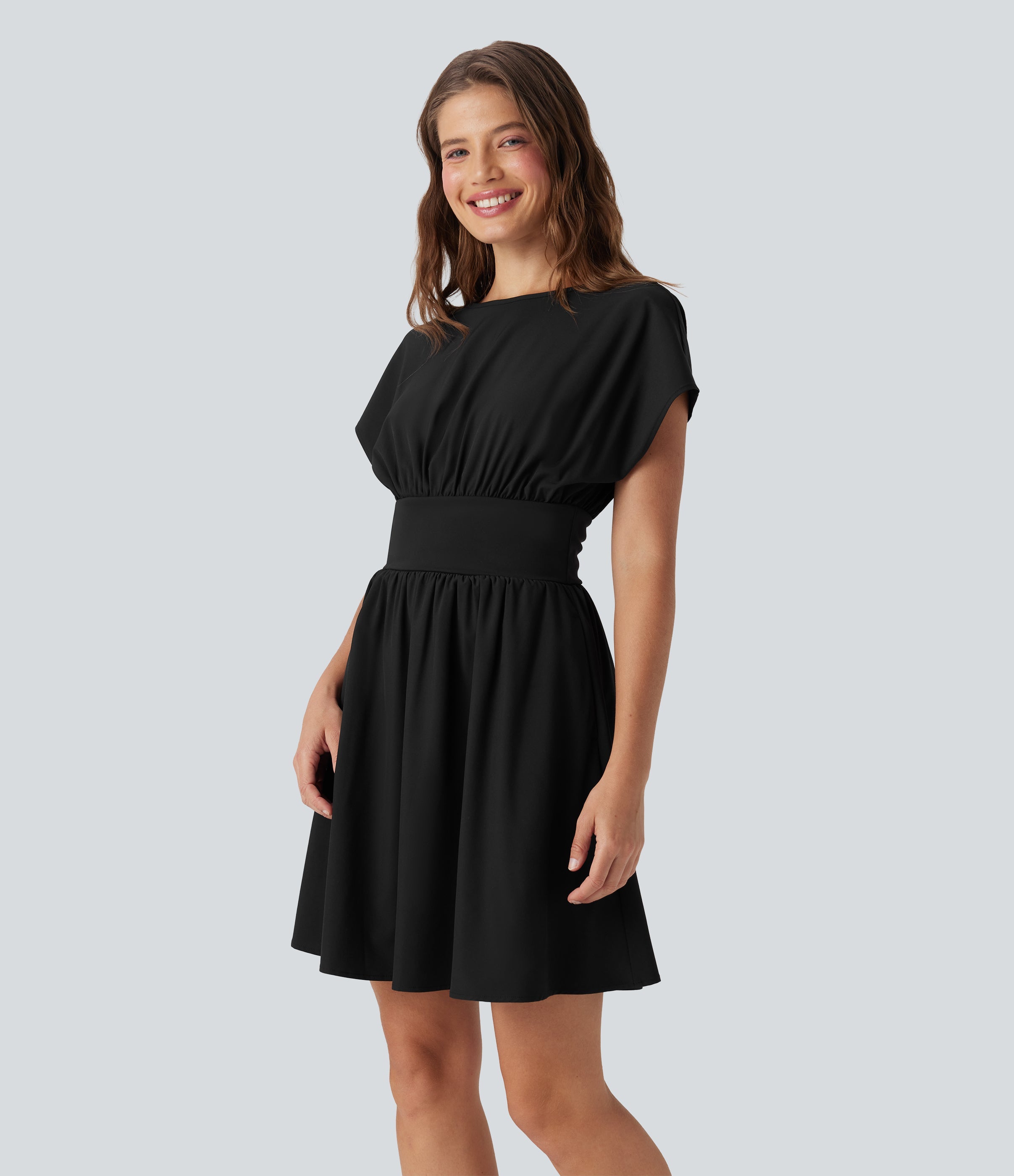 BreezefulTM Batwing Short Sleeve Flowy Quick Dry Mini Work Dress with Pockets