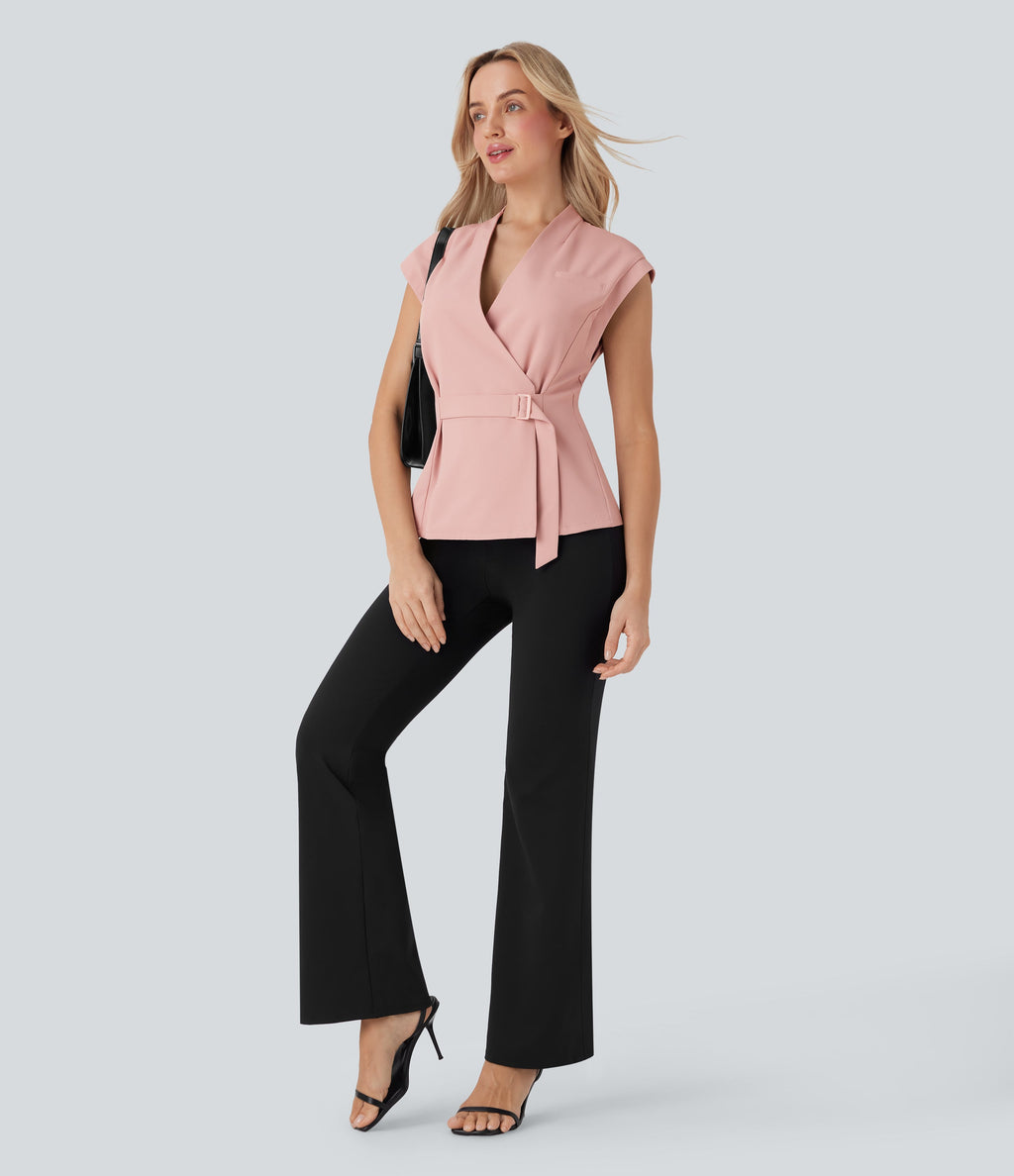 V Neck Sleeveless Wrapped Belted Work Jacket
