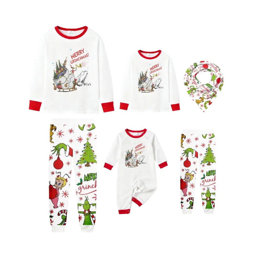 Family Christmas White Pajamas Set With Funny Christmas Character Print