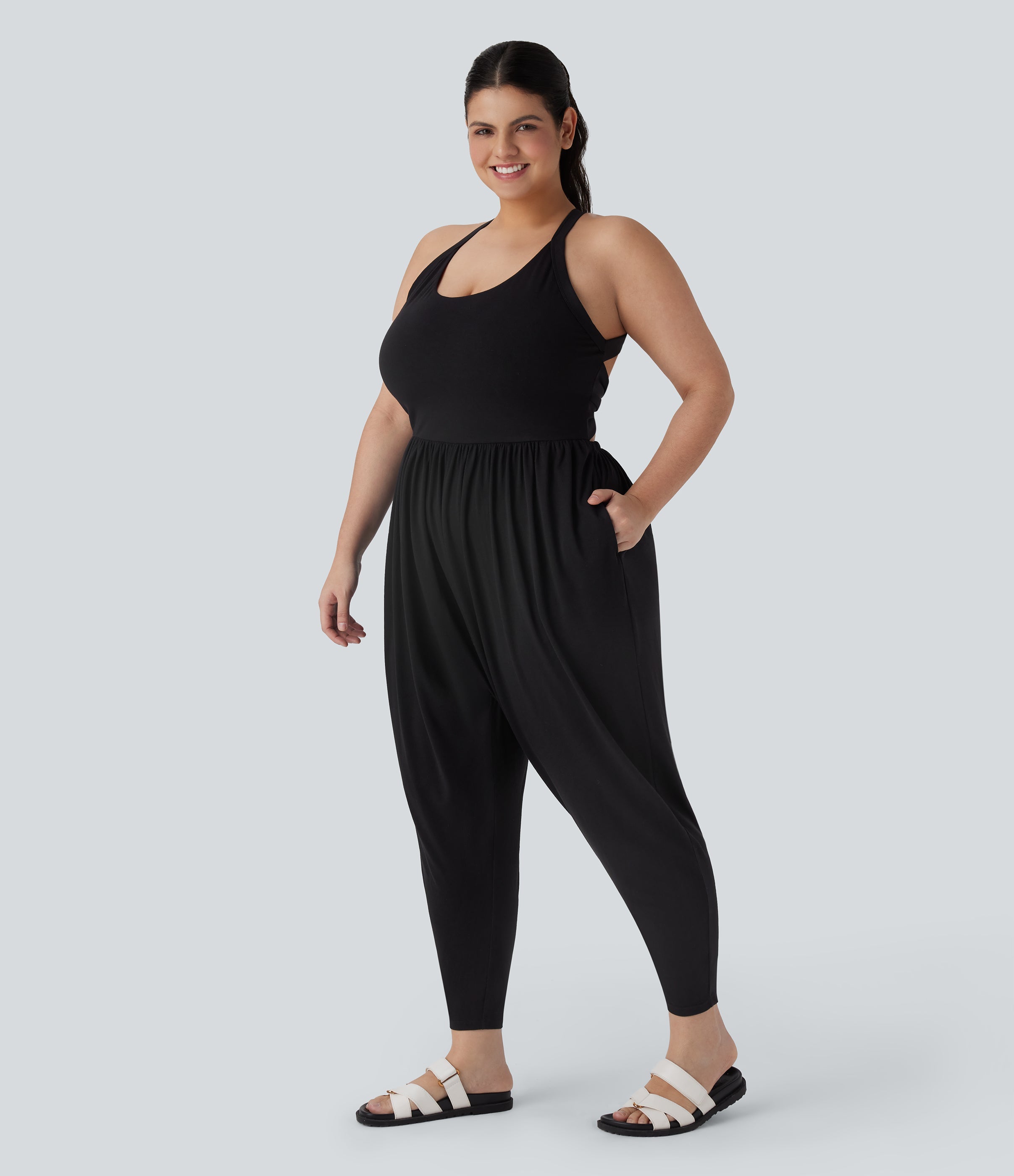 Backless Twisted Harem Casual Plus Size Jumpsuit with Side Pocket-Easy Peezy Edition