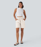 High Waisted Drawstring Casual Linen-Feel Shorts with Pockets