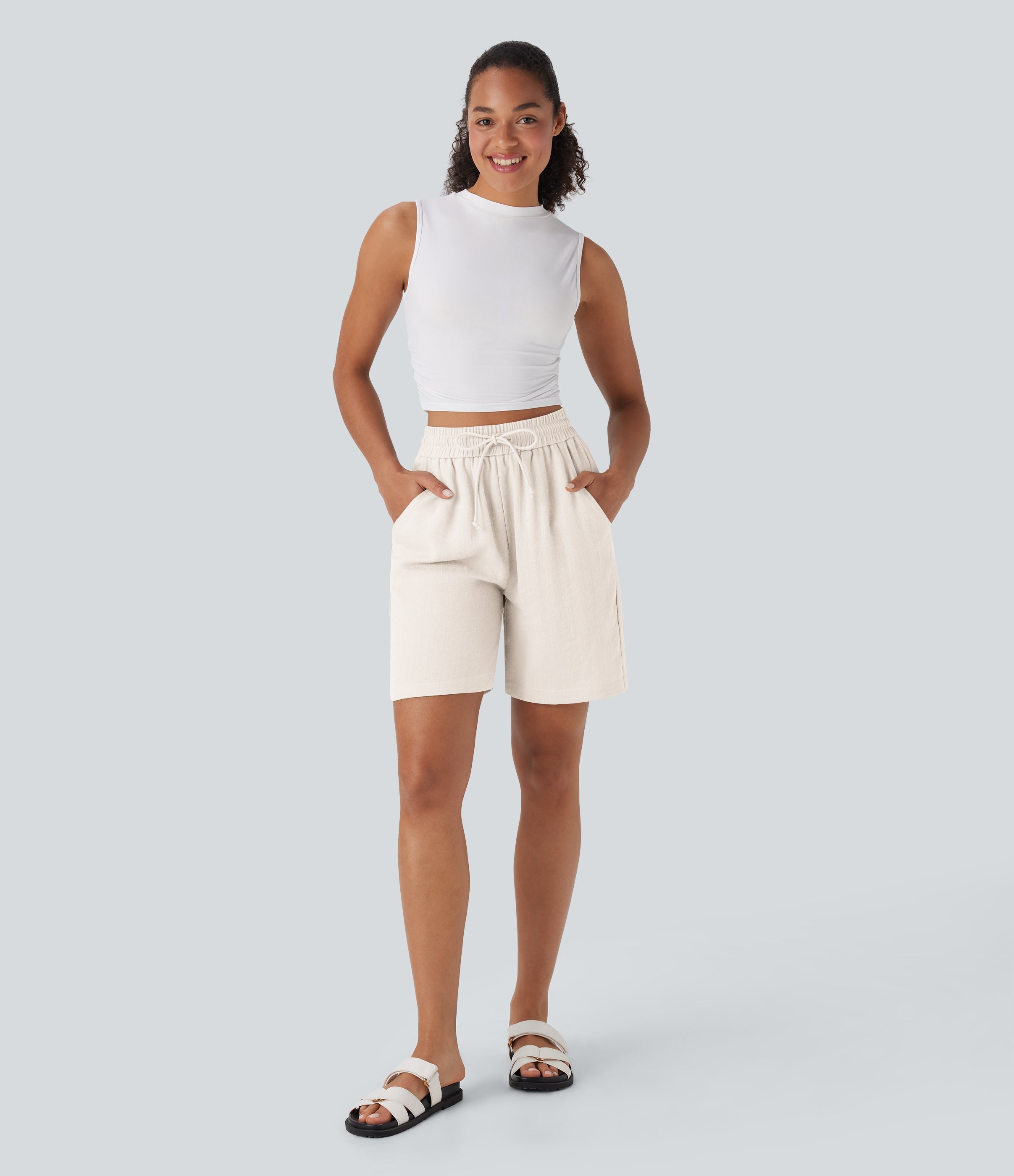 High Waisted Drawstring Casual Linen-Feel Shorts with Pockets