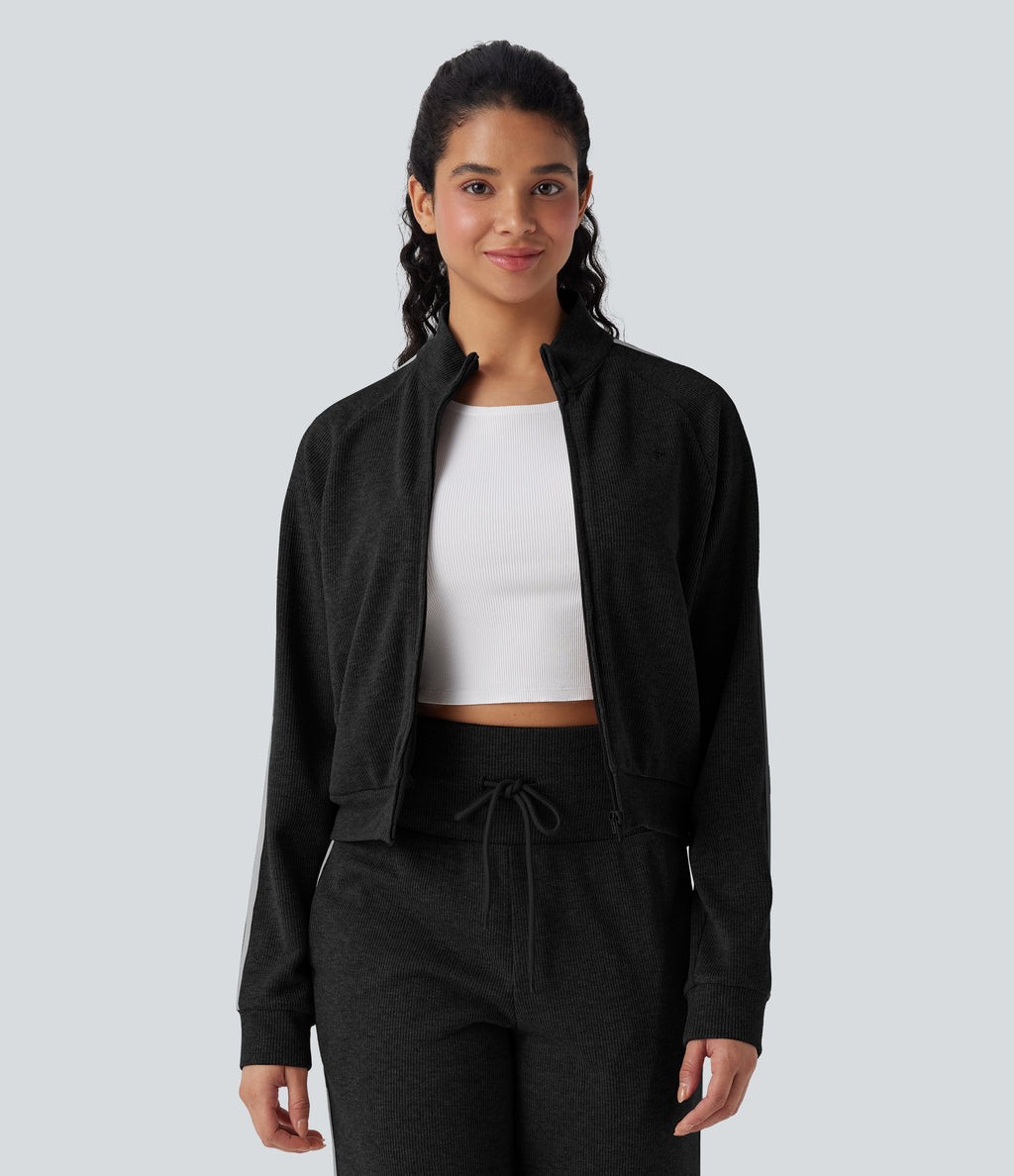Ribbed Stand Collar Long Sleeve Zipper Color Block Casual Jacket with Pockets