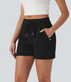 Mid Rise Drawstring Linen-Feel  Work Shorts with Side Zip Pockets