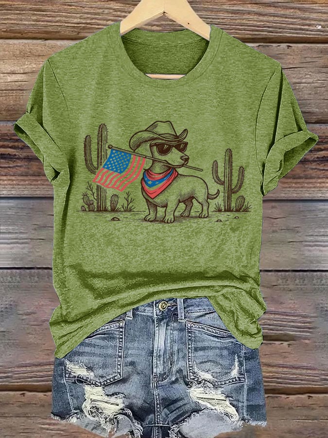 Women's Patriotic Dog Lover Printed Casual T-Shirt