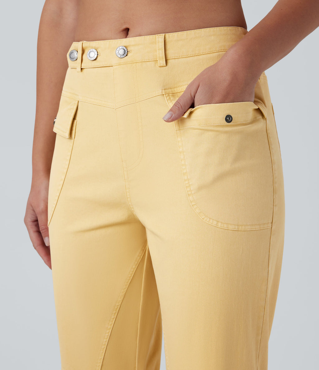 Mid Rise Straight Leg Cargo Casual Cotton Pants with Pockets