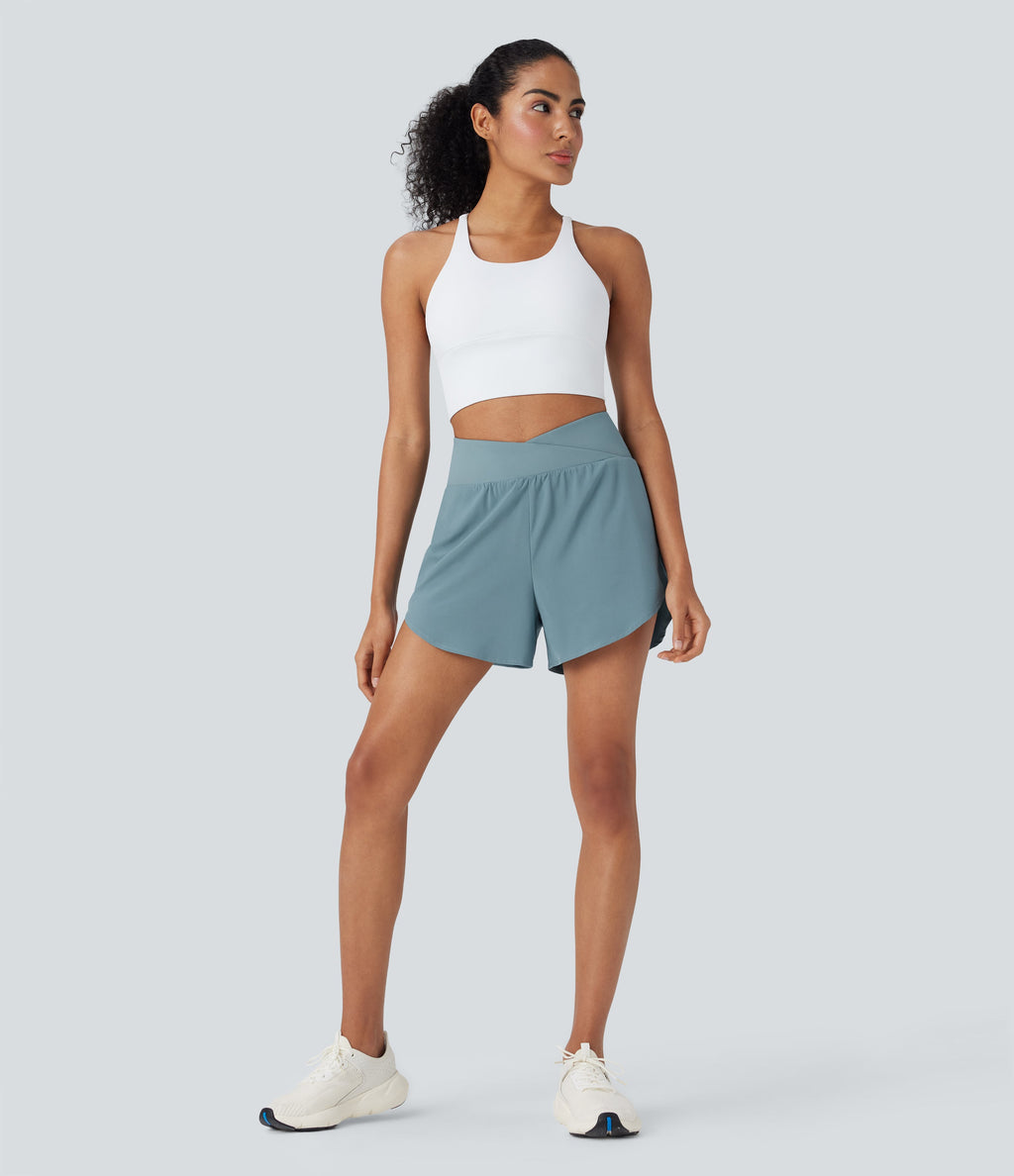 BreezefulTM High Waisted Crossover 2-in-1 Quick Dry Yoga Shorts with Pockets