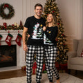 Couple Black and White Plaid Christmas Short Sleeve Pajamas Set with Snowman & Christmas Tree Print