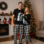 Couple Black and White Plaid Christmas Short Sleeve Pajamas Set with Snowman & Christmas Tree Print
