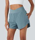 BreezefulTM High Waisted Crossover 2-in-1 Quick Dry Yoga Shorts with Pockets