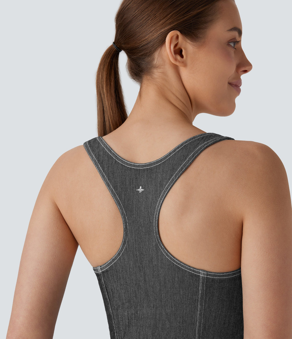 FlexTM Square Neck Racerback Cool Touch Washed Denim Tennis Bodysuit