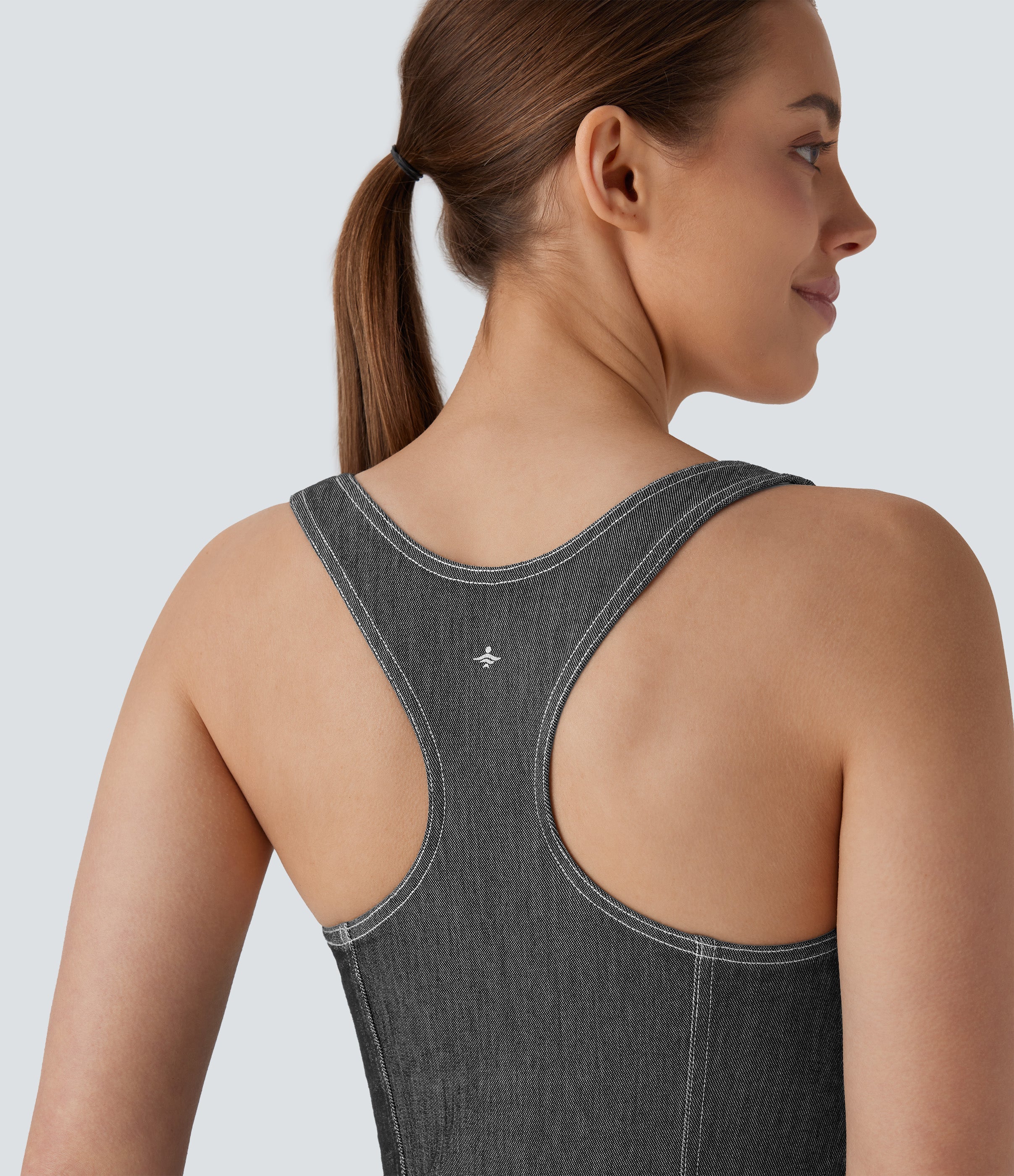 FlexTM Square Neck Racerback Cool Touch Washed Denim Tennis Bodysuit