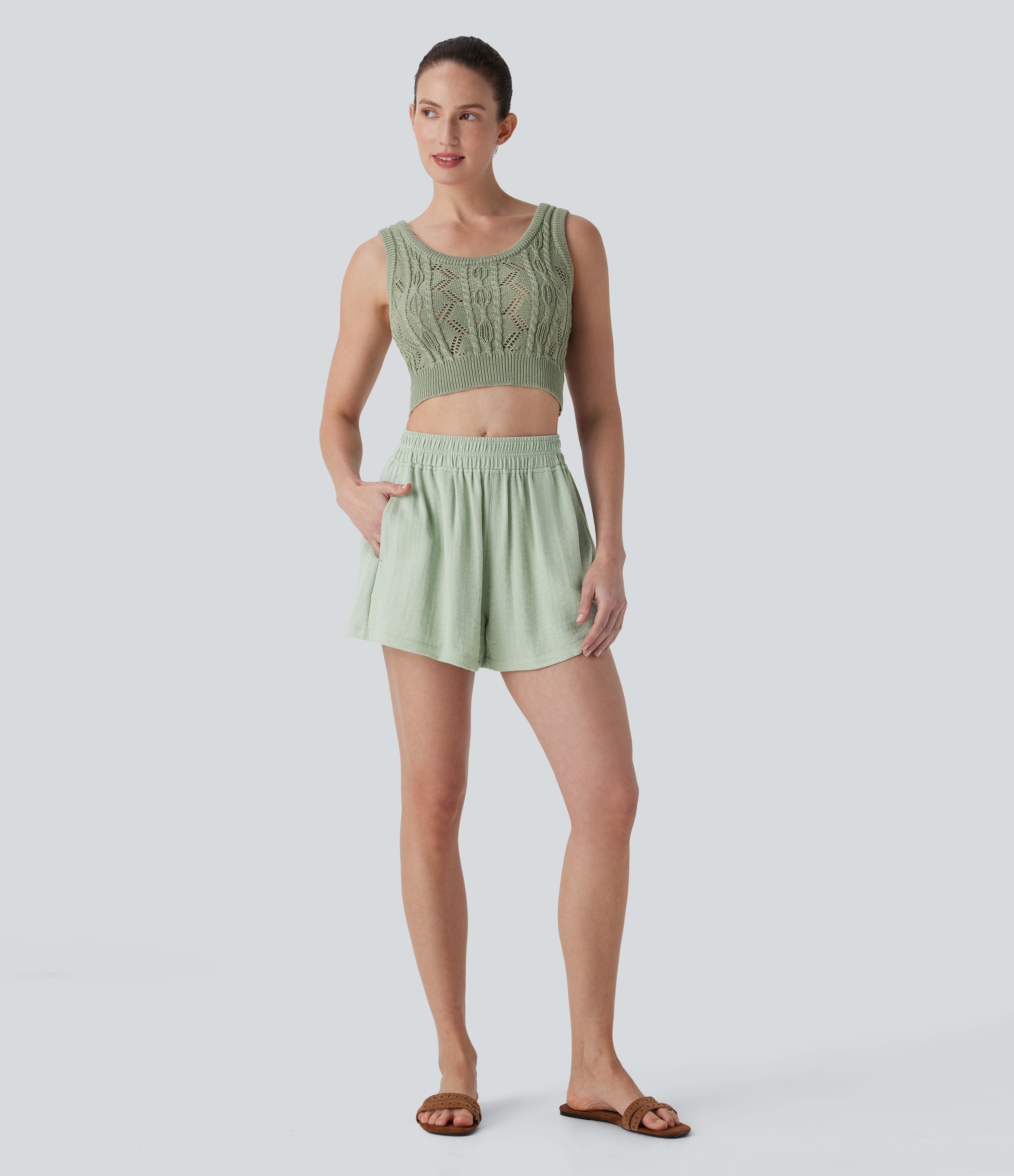 Mid Rise Linen-Feel Shorts with Pockets