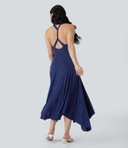 Ruched Asymmetric Hem Flowy Maxi Casual Dress