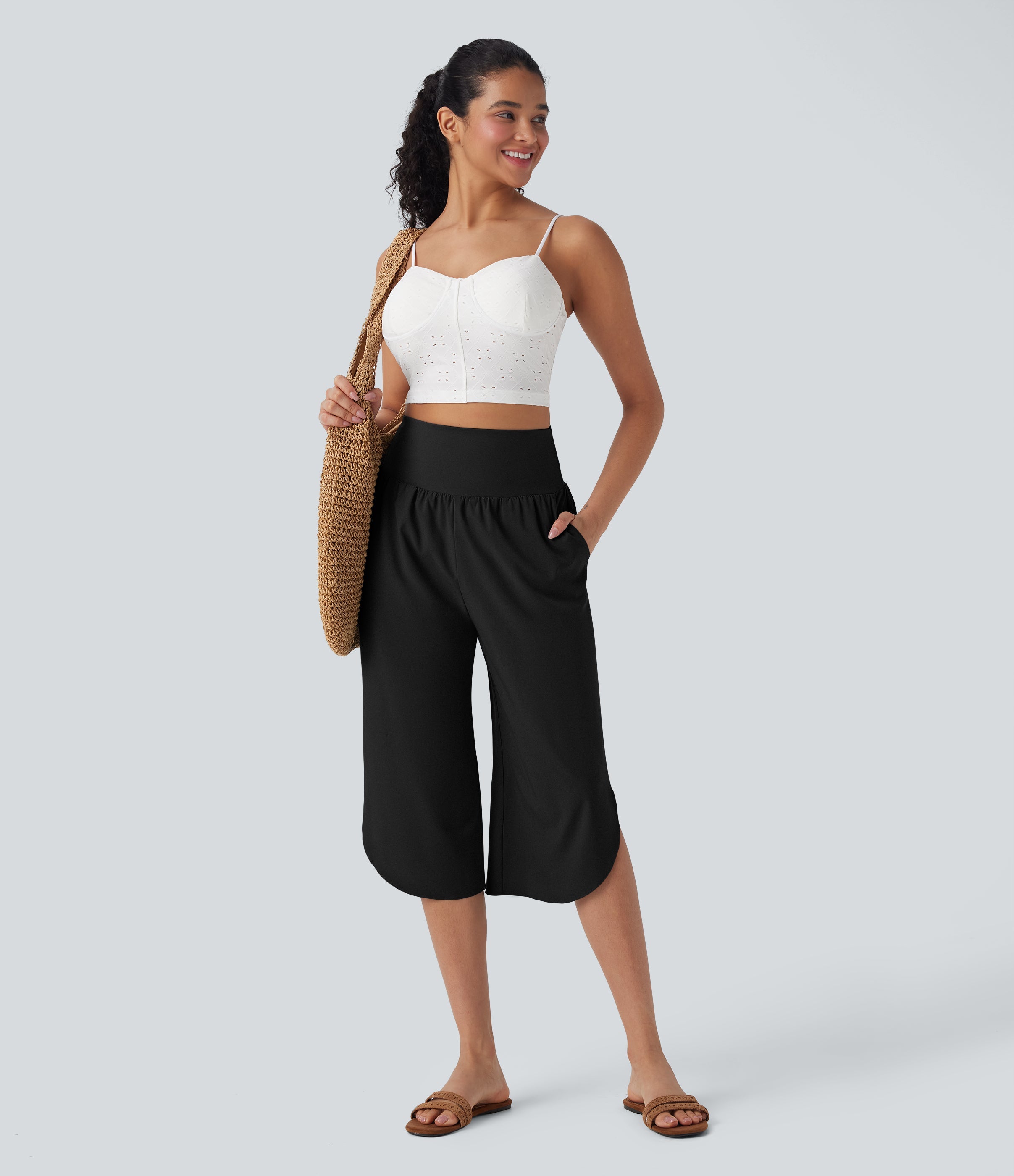 BreezefulTM SoCinched High Waisted Tummy Control Hem Quick Dry Capri Pants with Pockets