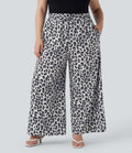 Plus Size High Waisted Drawstring Leopard Print Wide Leg Casual Pants with Pockets