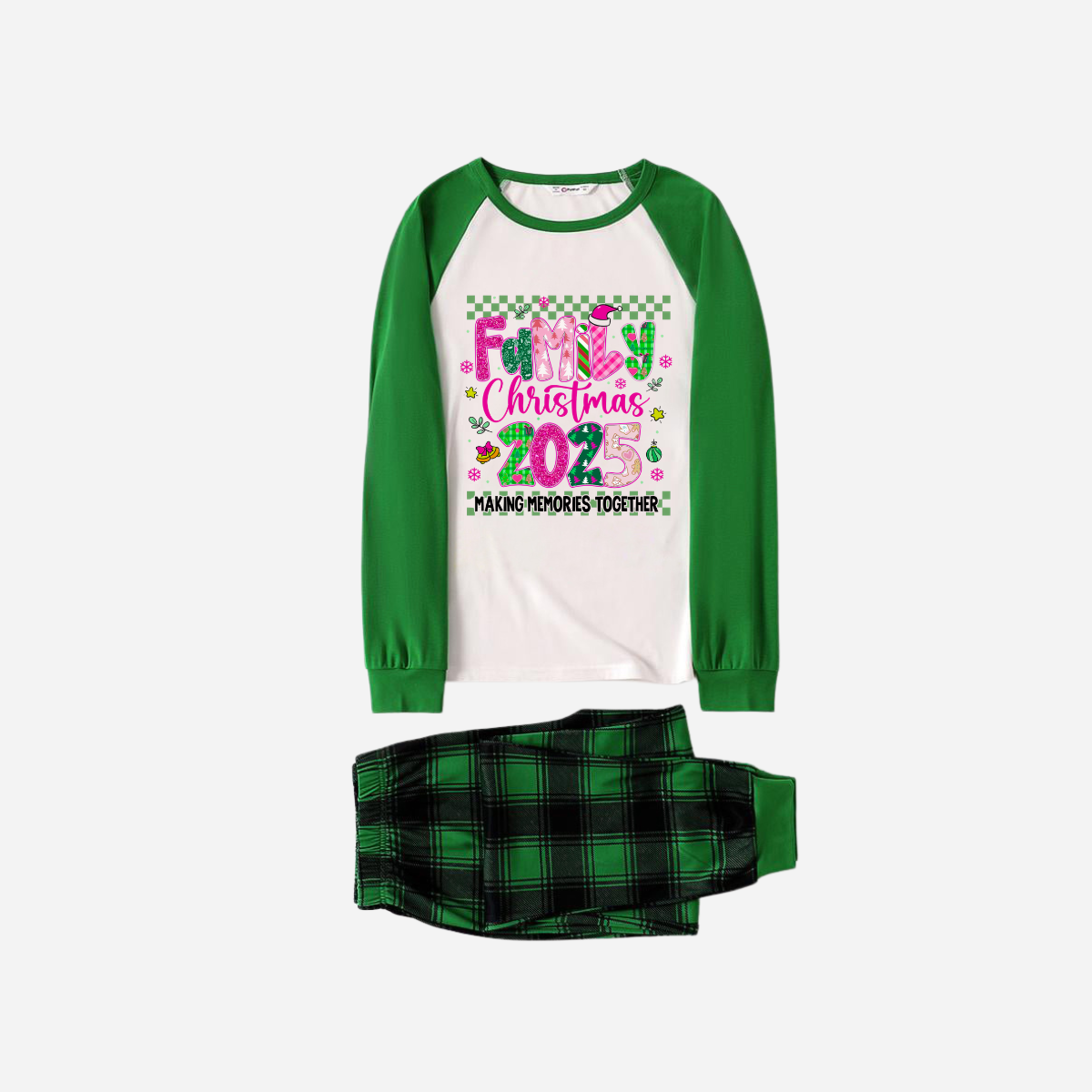 "Family Christmas 2025" Faux Glitter Green Raglan Sleeves and Green Plaid Christmas Pajamas Set