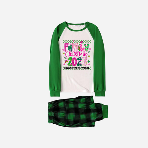 "Family Christmas 2025" Faux Glitter Green Raglan Sleeves and Green Plaid Christmas Pajamas Set