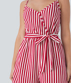 V-neck Snap Belted Stripe Waffle Jumpsuit with Pockets