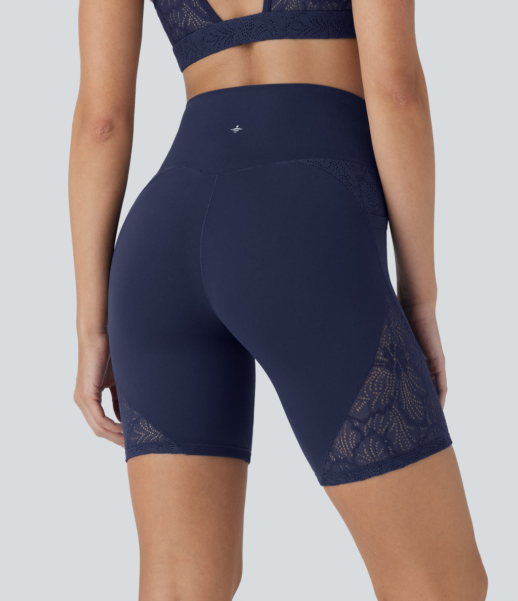 SoftlyzeroTM High Waisted Crossover Contrast Lace Yoga Biker Shorts 7'' with Pockets-UPF50+