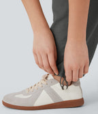 High Waisted Adjustable Drawstring Hem Linen-Feel Casual Cargo Pants with Pockets