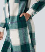 Plaid Curved Hem Longline Casual Jacket with Pockets