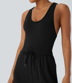 U Neck Racerback Drawstring Casual Jumpsuit with Pockets