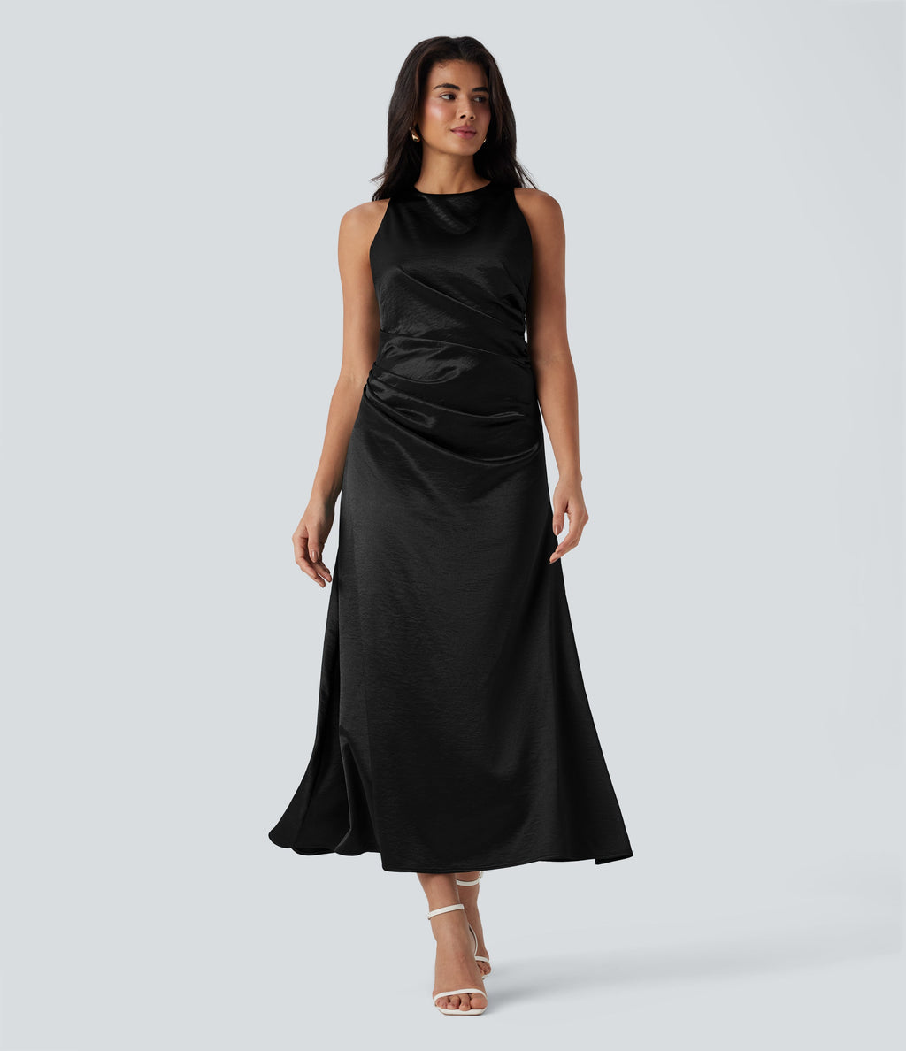 Tie Back Ruched Maxi Satin Dress