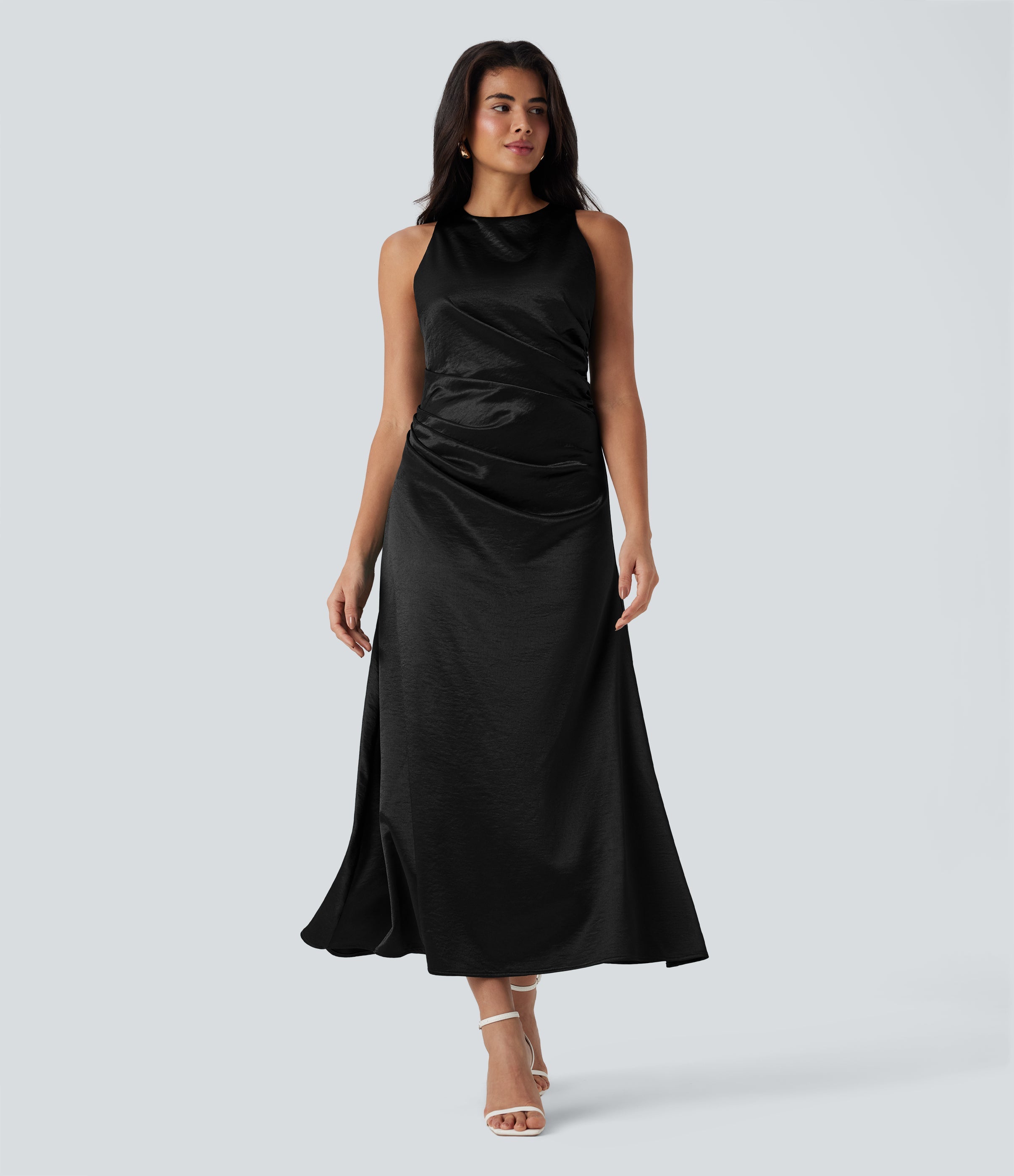 Tie Back Ruched Maxi Satin Dress