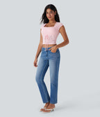 Square Neck Drawstring Eyelet Embroidery Skinny Cropped Casual Top