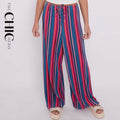 Red Blue Stripe Abstract Print Wide-Leg Drawstring Palazzo Pleated Pants