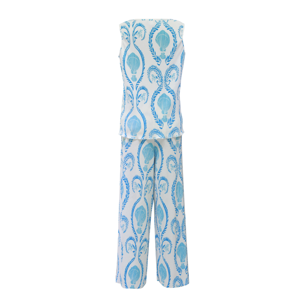 Blue Shell Motifs Prints Nautical V-Neck Vest Top & Pleated Pants