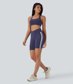 Crossover Mid Rise Color Block Stripe Yoga Biker Shorts 7''