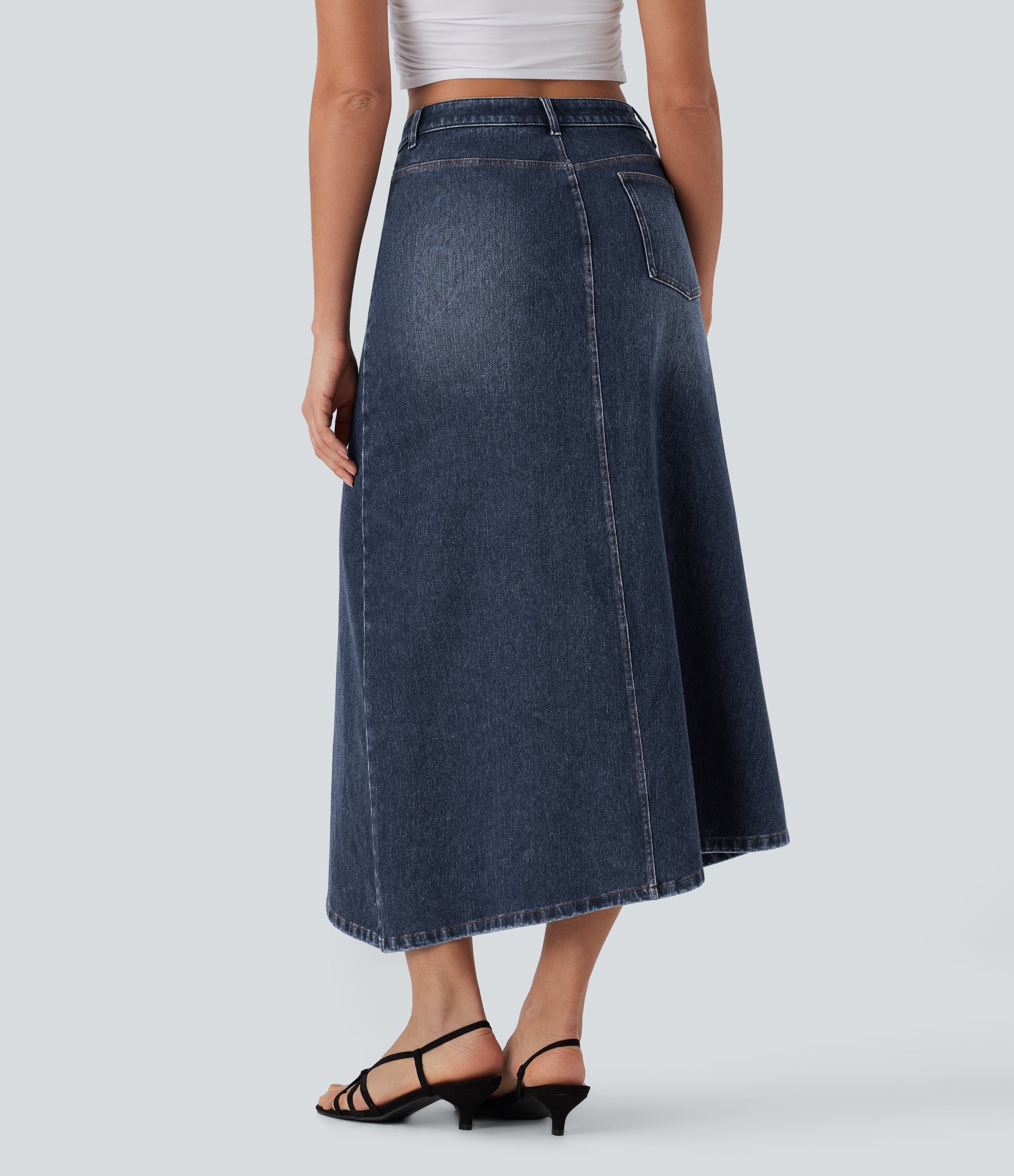 FlexTM Asymmetric Mid Rise Denim Maxi Casual Skirt with Pockets