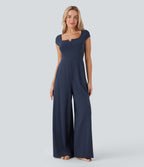 SoftlyZeroTM Airy Short Sleeve Wide Leg Cool Touch Yoga Jumpsuit with Pockets-Easy Peezy Edition