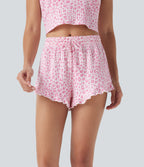 Mid Rise Drawstring Ruffle Hem Leopard Print Lounge Shorts