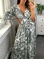 NEW🔥 V Neck Elastic Waist Printed Dress