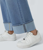 FlexTM High Waisted Multiple Pockets Rolled Hem Wide Leg Washed Stretchy Knit Casual Jeans