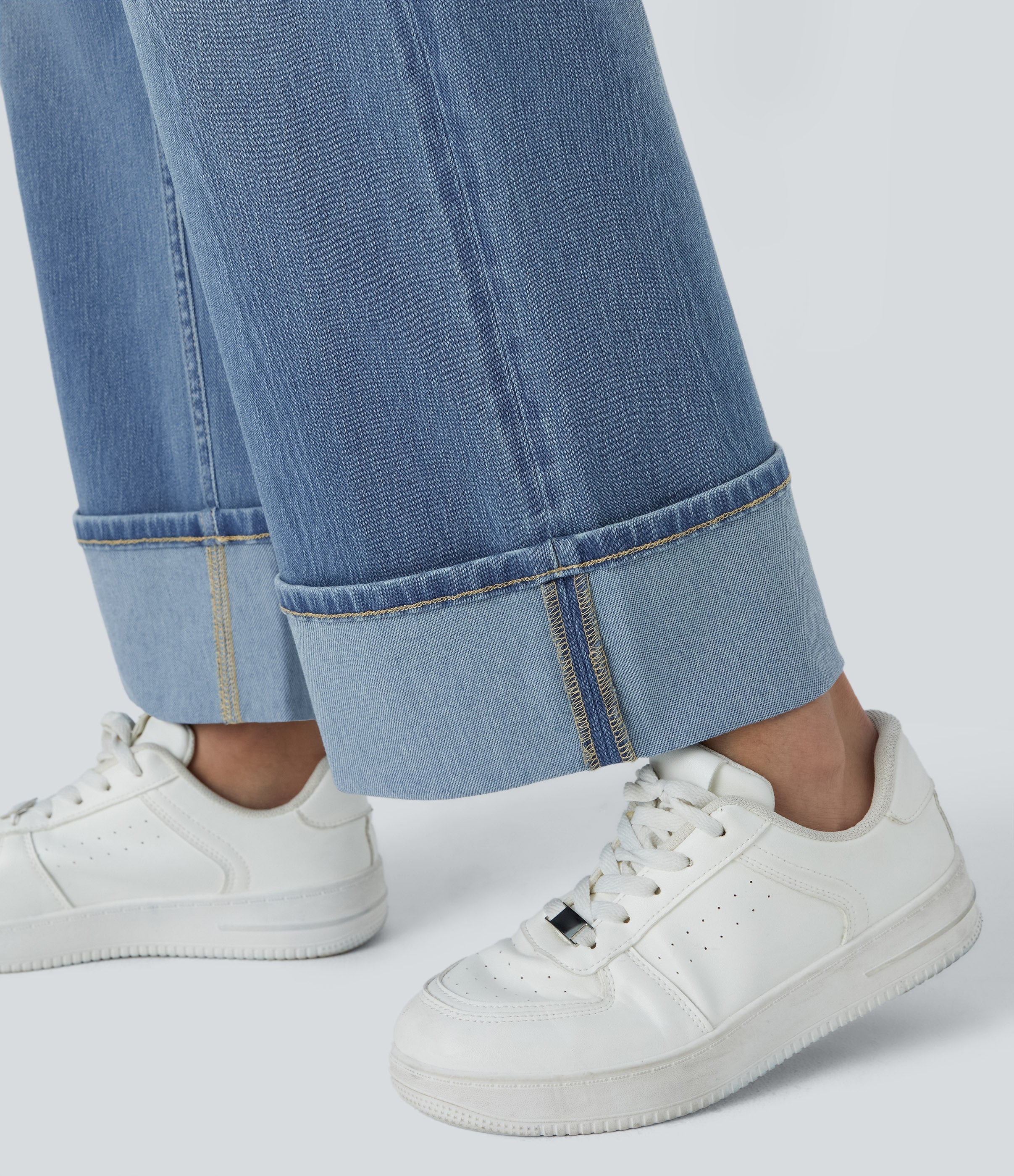 FlexTM High Waisted Multiple Pockets Rolled Hem Wide Leg Washed Stretchy Knit Casual Jeans