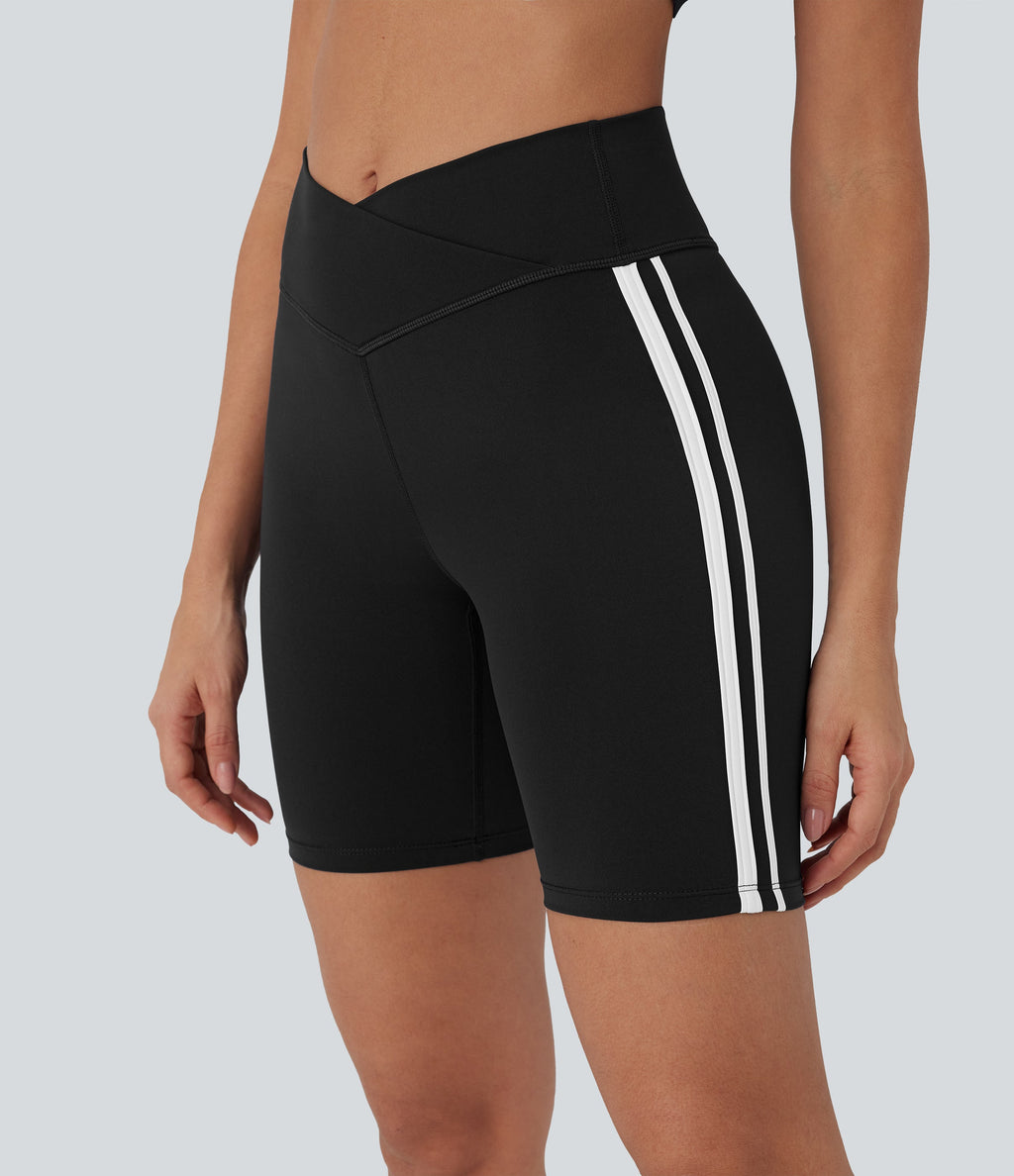Crossover Mid Rise Color Block Stripe Yoga Biker Shorts 7''