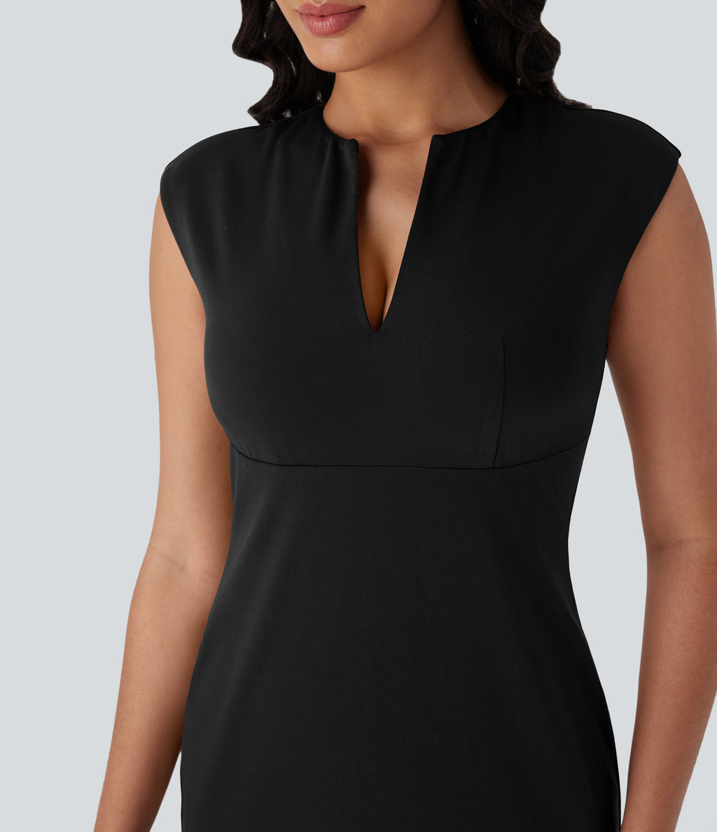 V-neck Zipper Bodycon Midi Work Built-in Mesh Shapewear Dress