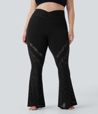 SoftlyZeroTM Crossover High Waisted Contrast Lace Yoga Plus Size Flare Leggings with Pocket