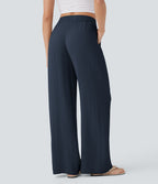 Women Summer High Waisted Drawstring Pocket Wide Leg Casual Linen-Feel Pants